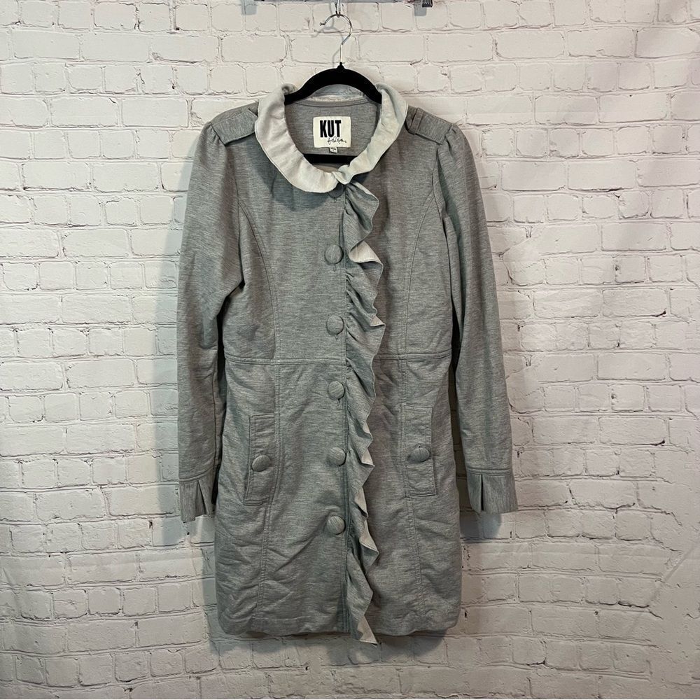 Kut from the Kloth Womens Button Front Long Jacket Size Large Gray Ruffle